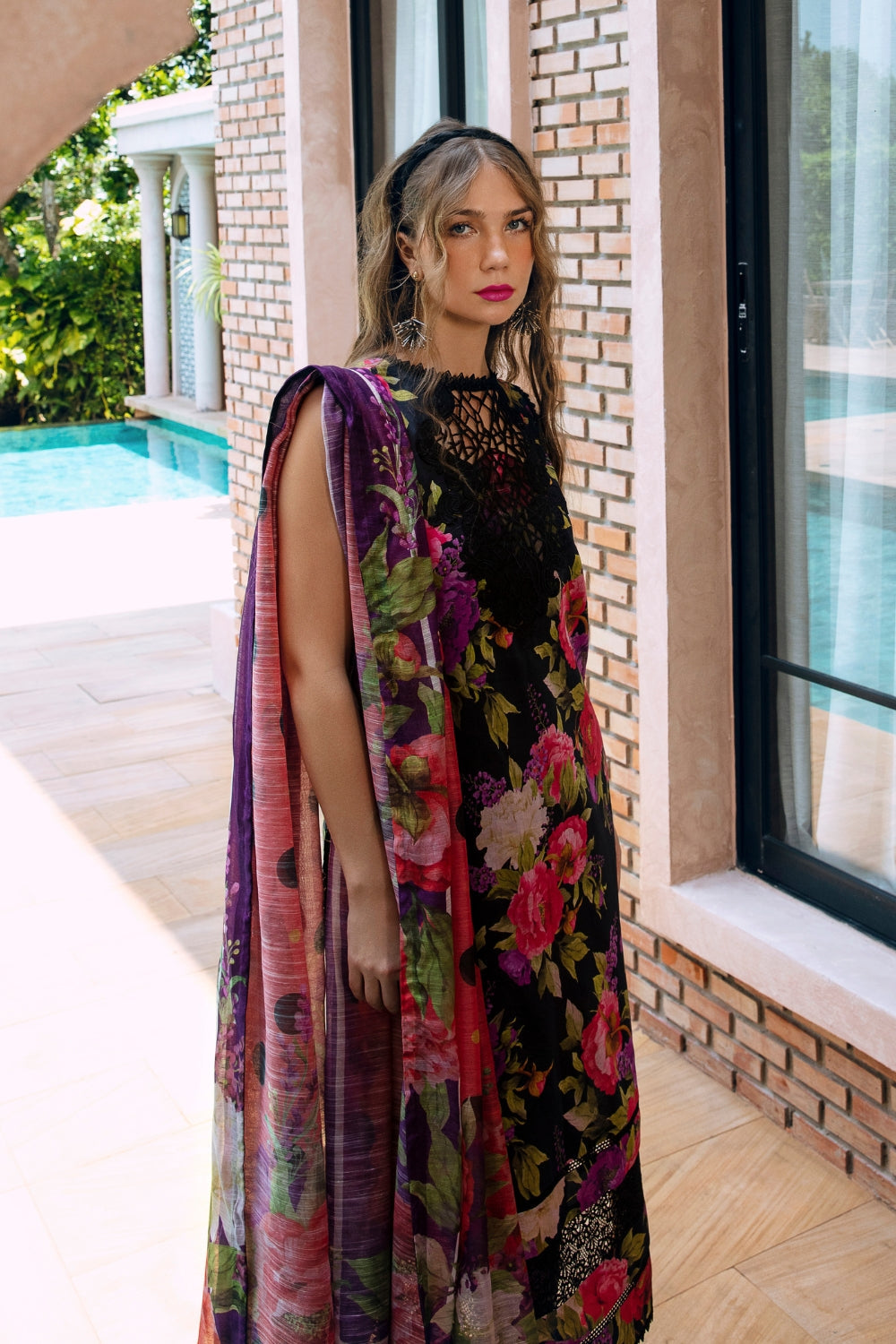 3PC Unstitched | Embroidered Lawn Suit | Manar Printed Dupatta