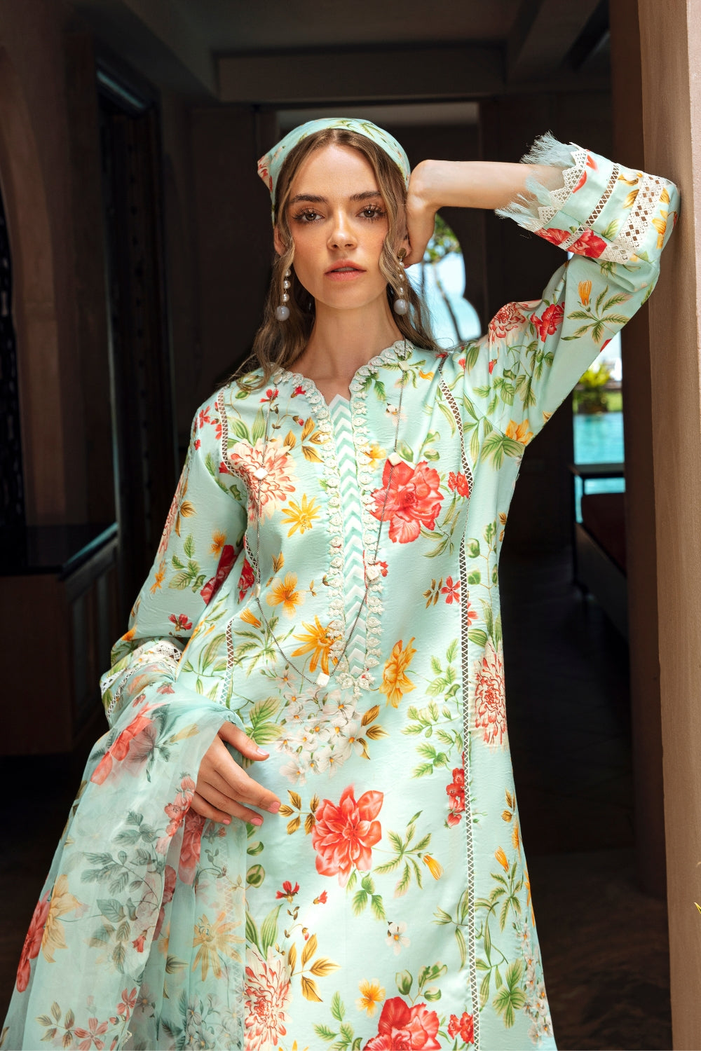 3PC Unstitched | Embroidered Lawn Suit | Organza Dupatta