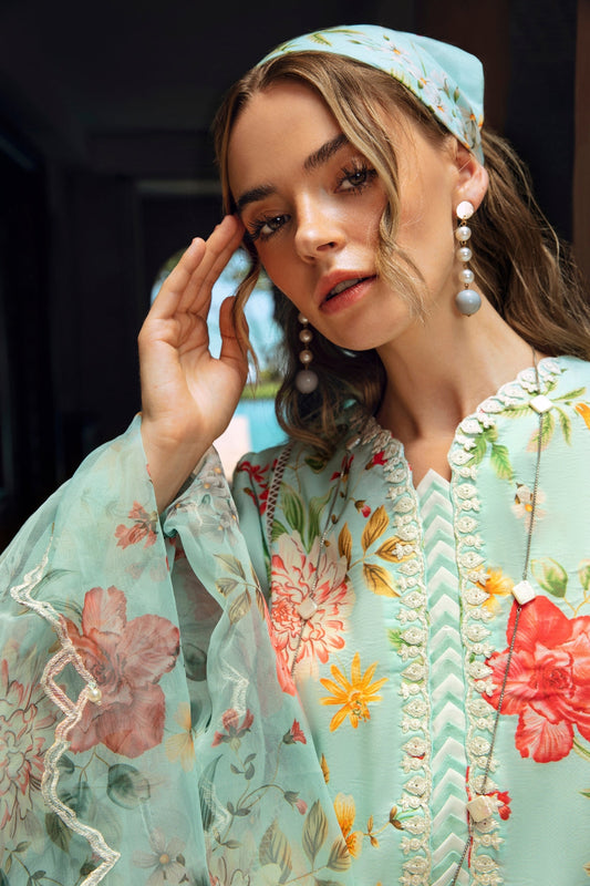 3PC Unstitched | Embroidered Lawn Suit | Organza Dupatta