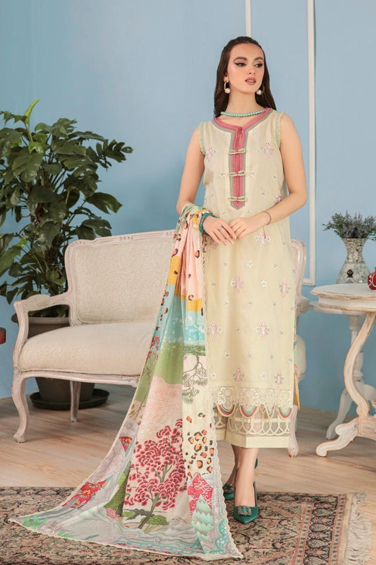 3PC Unstitched Printed+Embroidered Lawn Shirt | Printed Lawn Dupatta  | Cambric Dyed  CottonTrouser