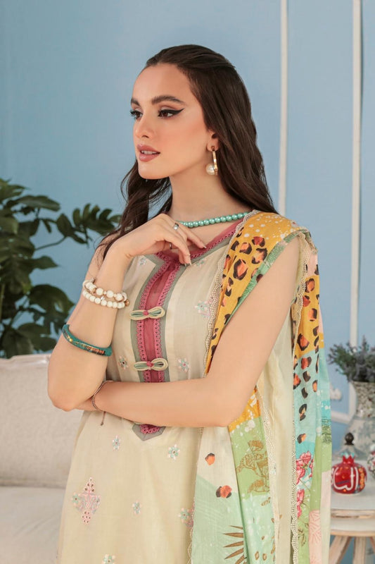 3PC Unstitched Printed+Embroidered Lawn Shirt | Printed Lawn Dupatta | Cambric Dyed CottonTrouser