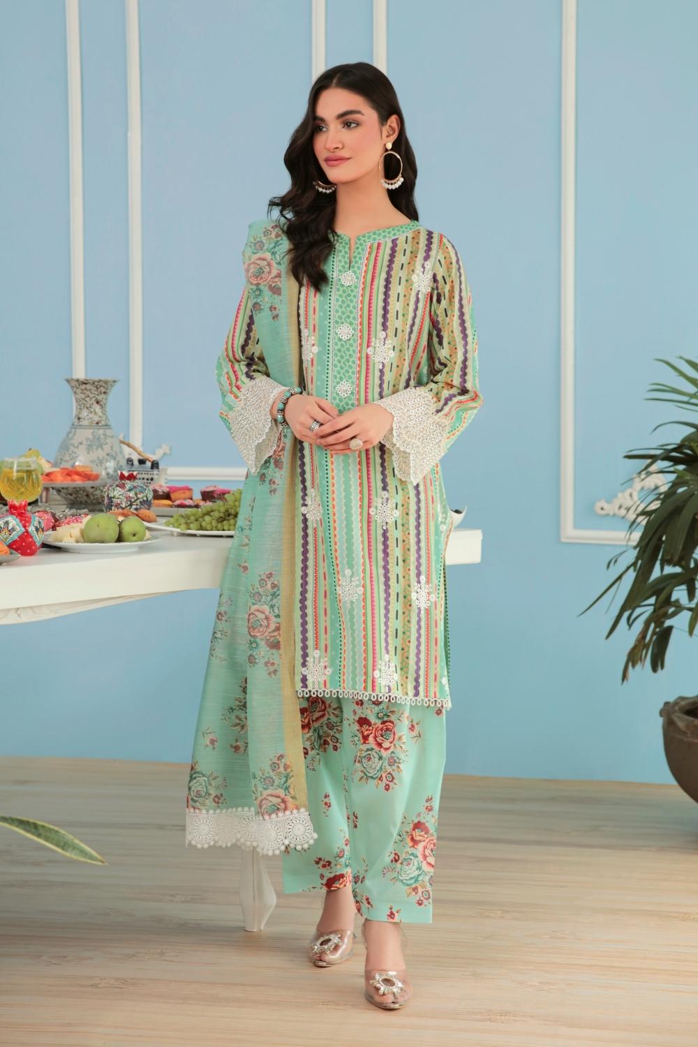 3PC Unstitched Printed+Embroidered Lawn Shirt | Printed Manar Dupatta  | Cambric Cotton Trouser
