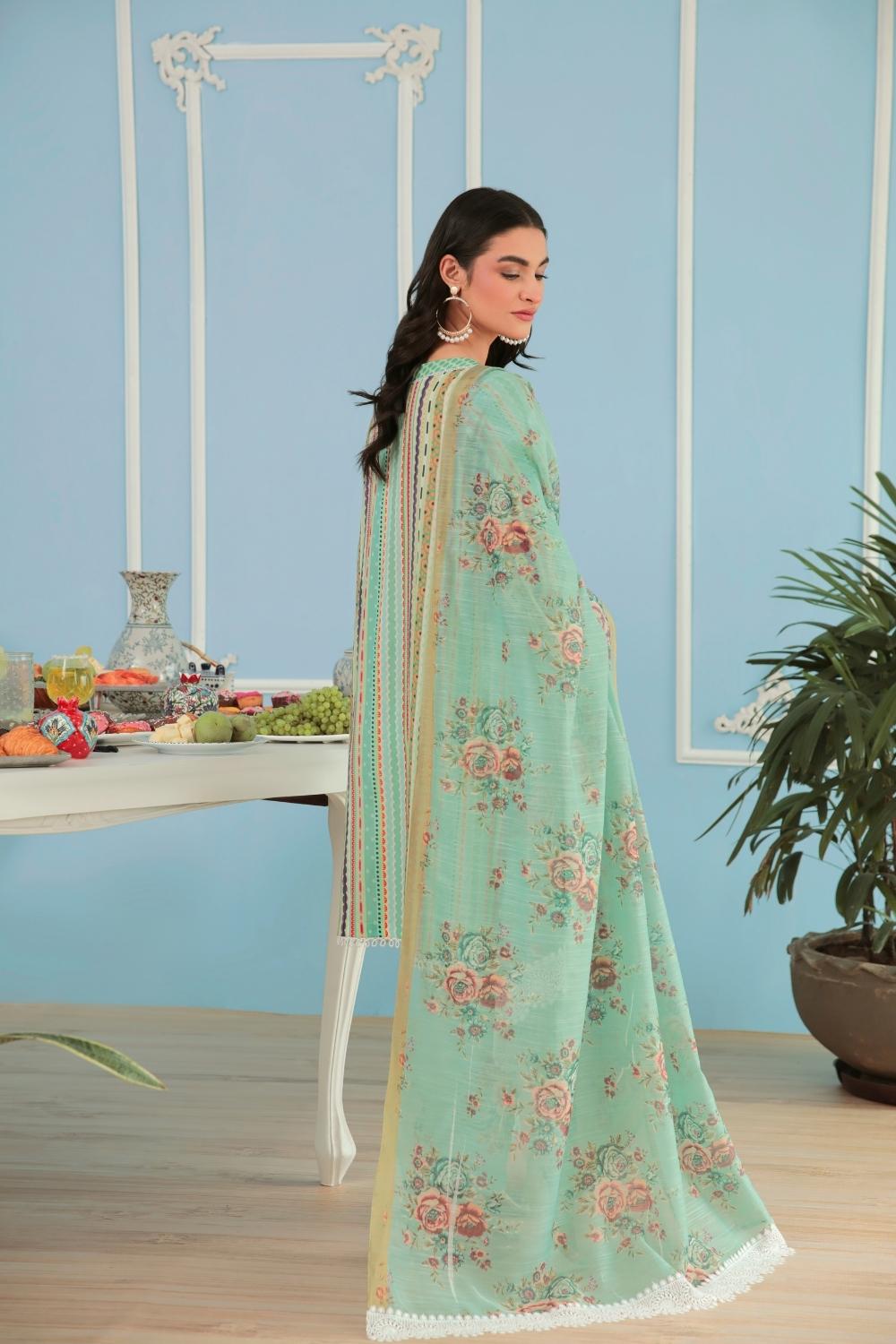 3PC Unstitched Printed+Embroidered Lawn Shirt | Printed Manar Dupatta  | Cambric Cotton Trouser