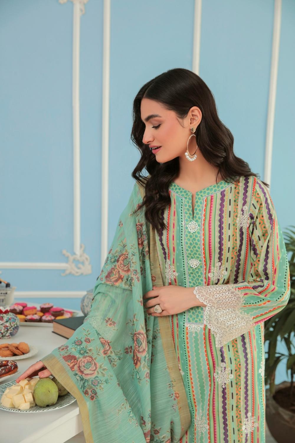 3PC Unstitched Printed+Embroidered Lawn Shirt | Printed Manar Dupatta  | Cambric Cotton Trouser