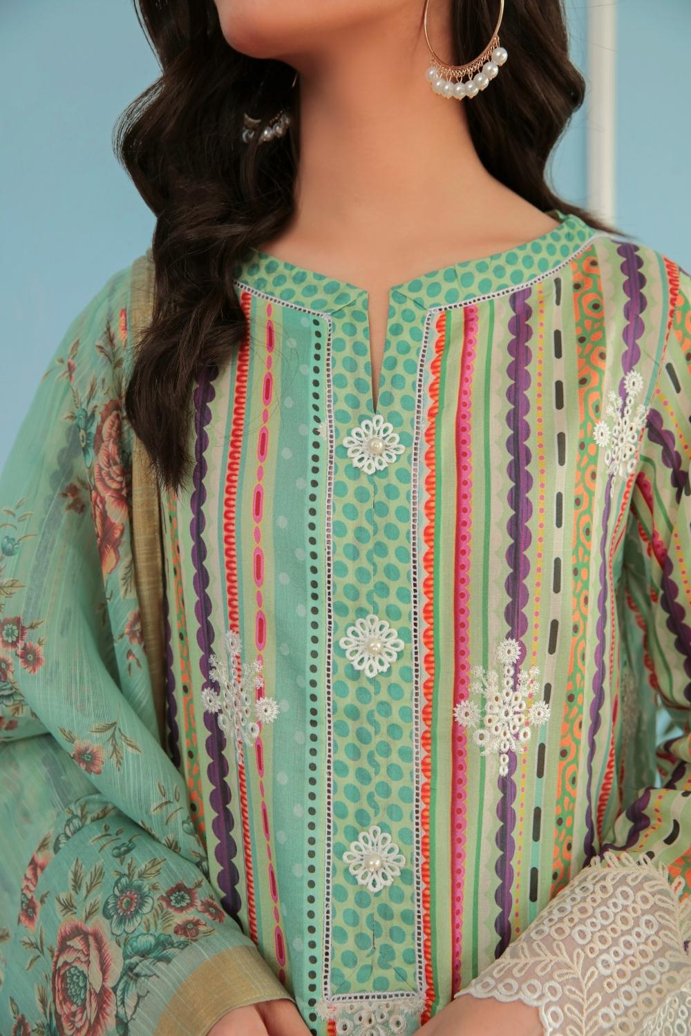 3PC Unstitched Printed+Embroidered Lawn Shirt | Printed Manar Dupatta  | Cambric Cotton Trouser