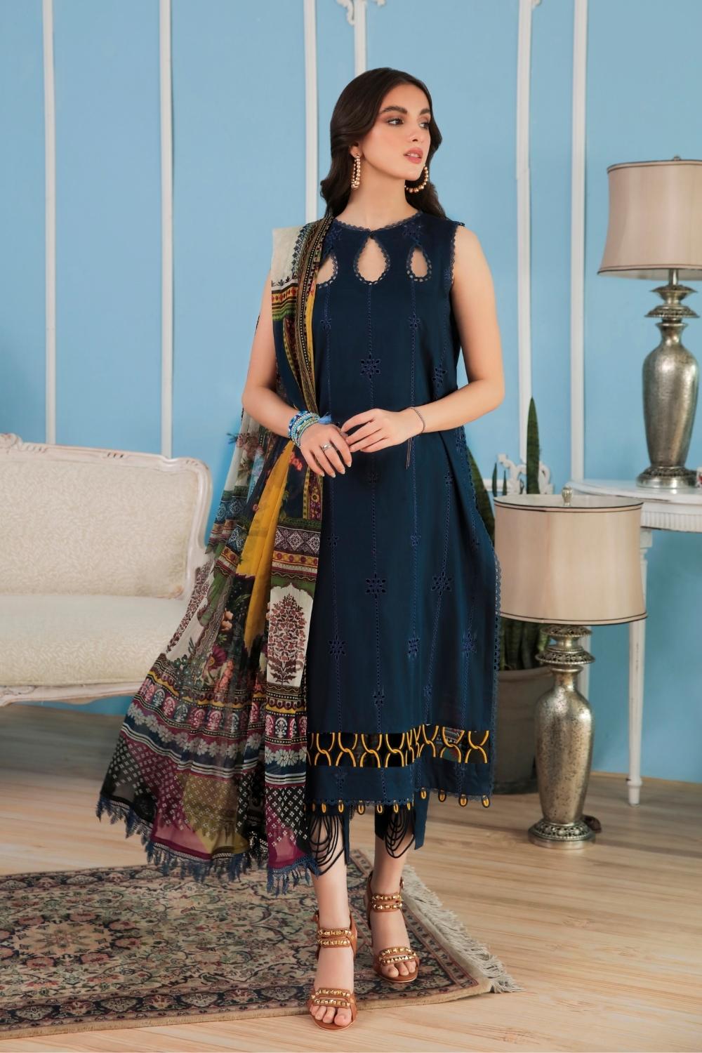 3PC Unstitched Printed+Embroidered Lawn Shirt | Printed Katonic Chiffon Dupatta | Cambric Dyed Cotton Trouser