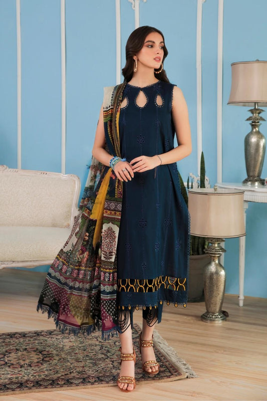 3PC Unstitched Printed+Embroidered Lawn Shirt | Printed Katonic Chiffon Dupatta | Cambric Dyed Cotton Trouser