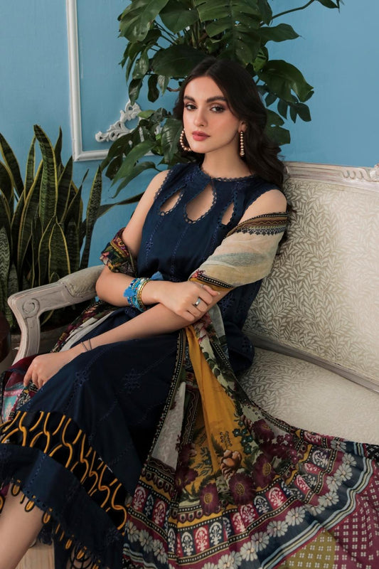 3PC Unstitched Printed+Embroidered Lawn Shirt | Printed Katonic Chiffon Dupatta | Cambric Dyed Cotton Trouser