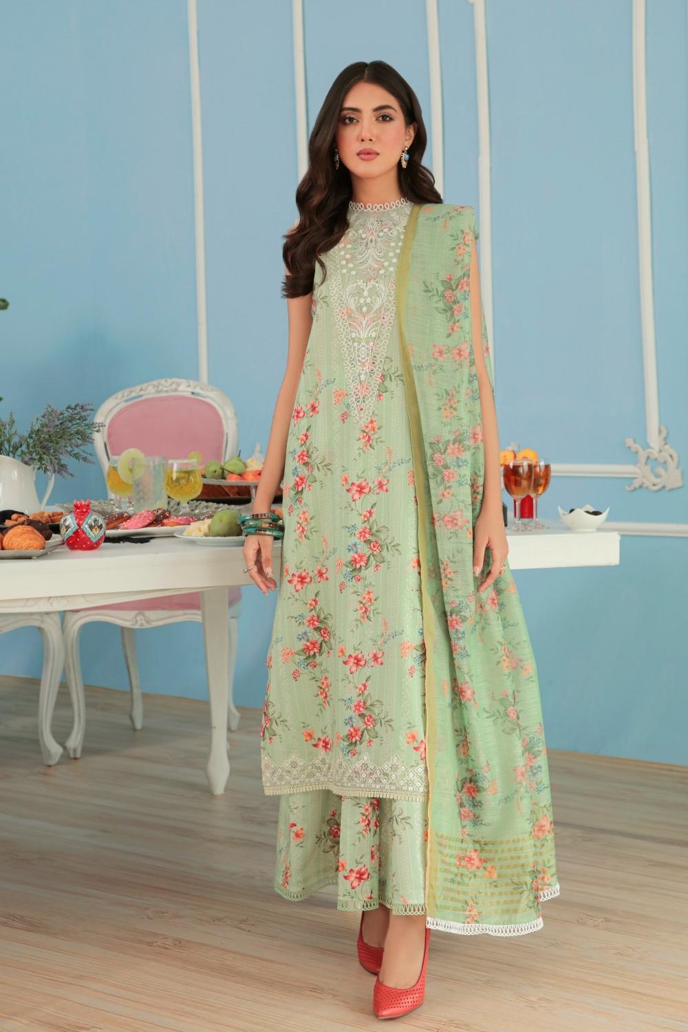 3PC Unstitched Printed+Embroidered Lawn Shirt | Printed Manar Dupatta | Cambric Cotton Trouser
