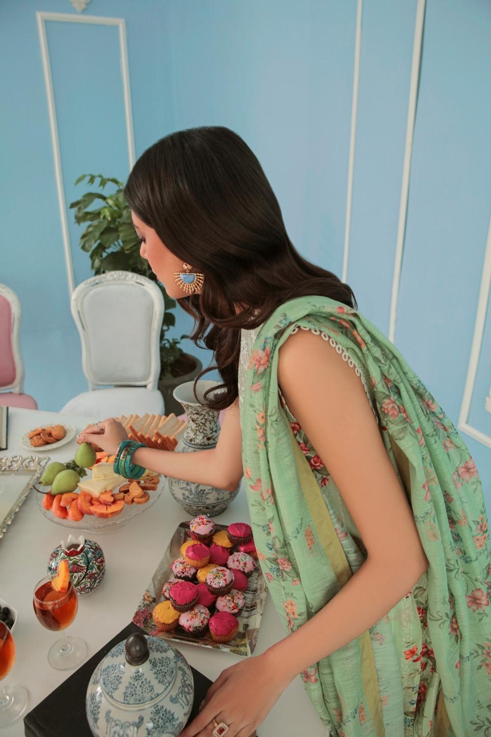 3PC Unstitched Printed+Embroidered Lawn Shirt | Printed Manar Dupatta | Cambric Cotton Trouser