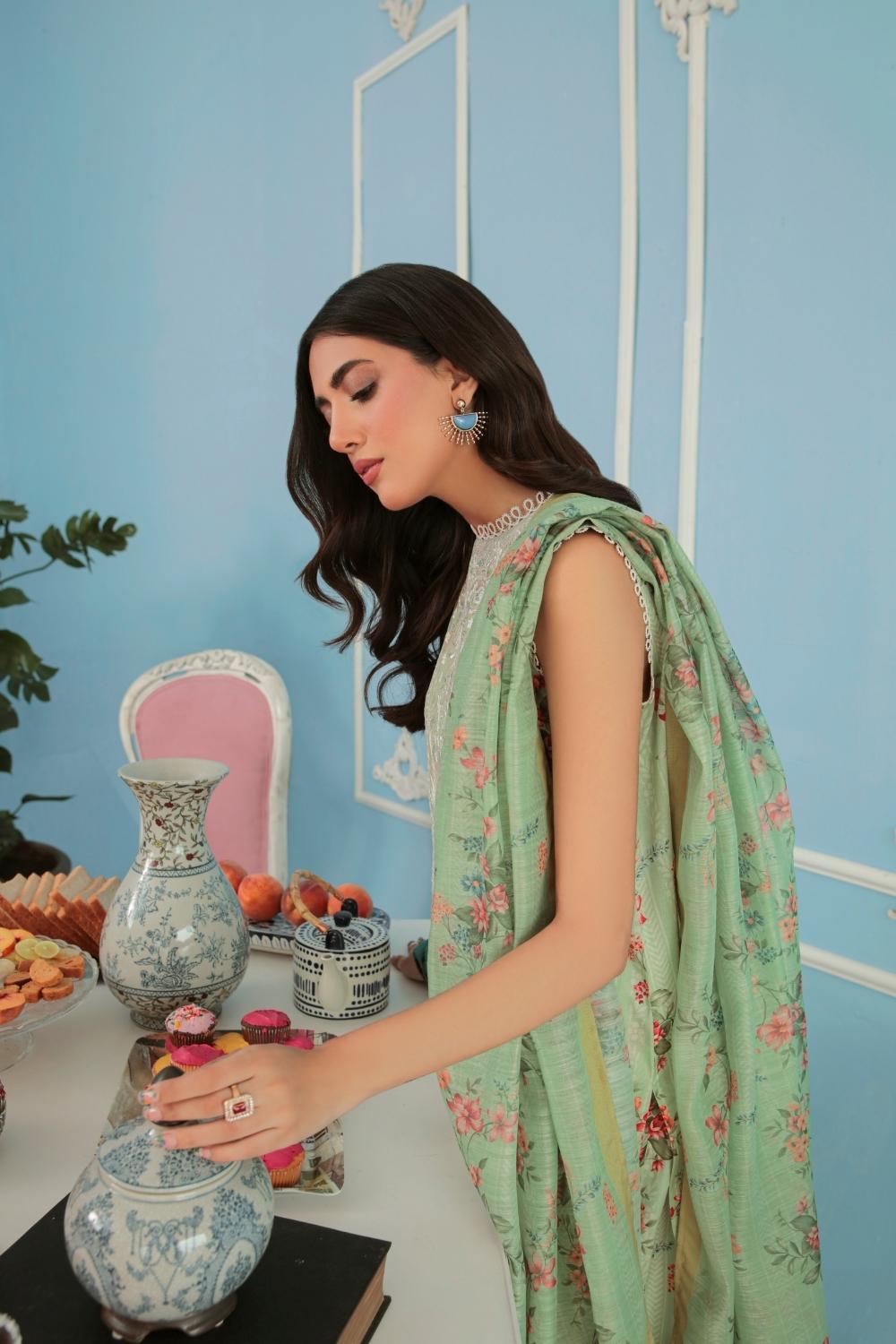 3PC Unstitched Printed+Embroidered Lawn Shirt | Printed Manar Dupatta | Cambric Cotton Trouser