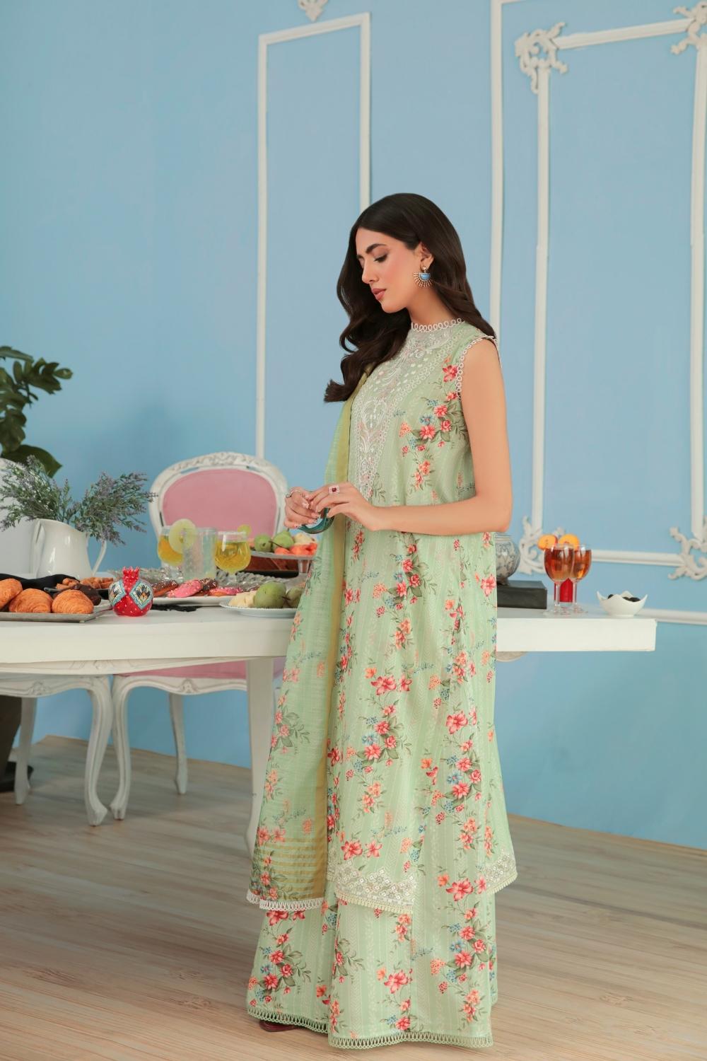 3PC Unstitched Printed+Embroidered Lawn Shirt | Printed Manar Dupatta | Cambric Cotton Trouser