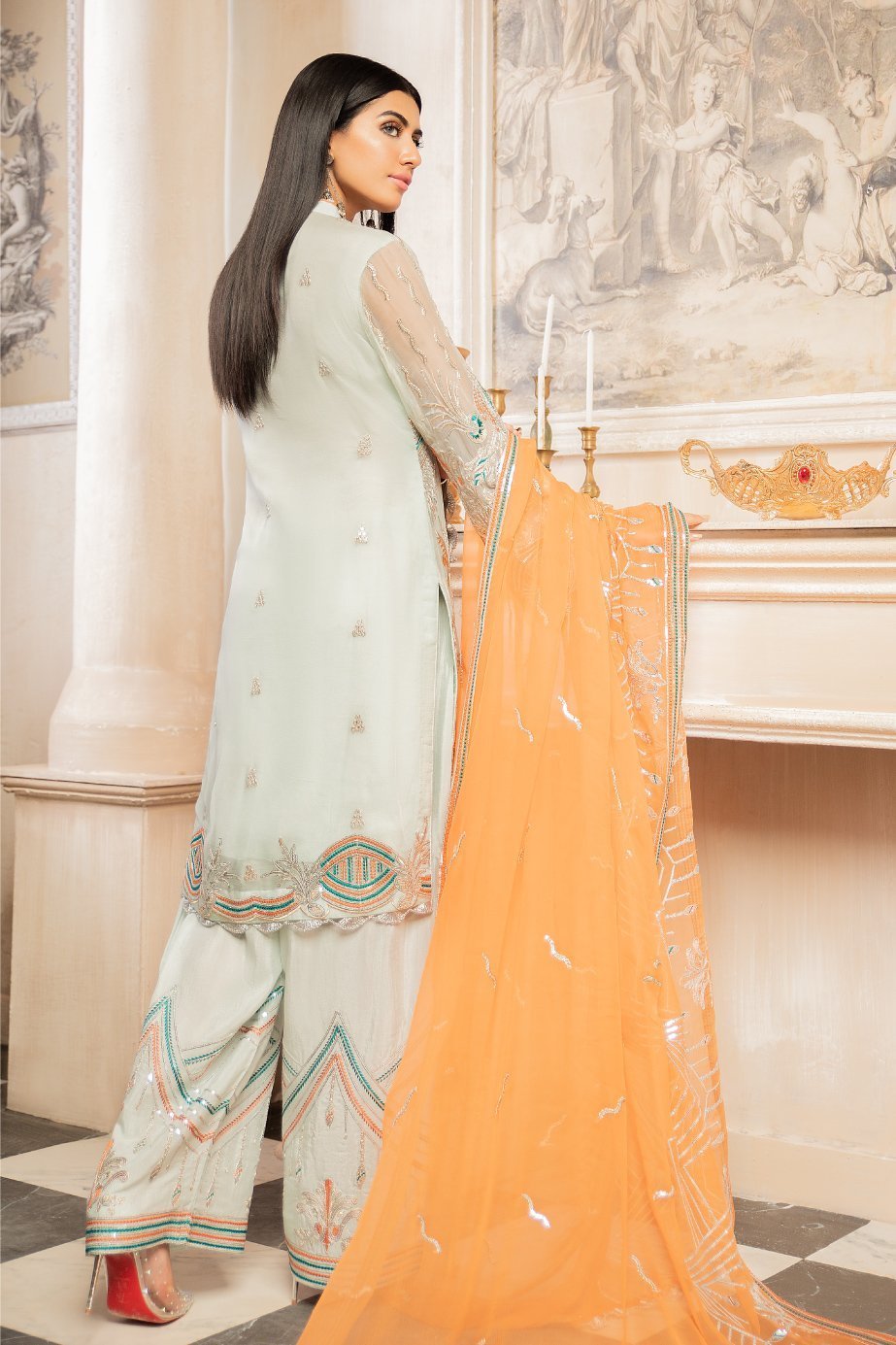 Formal Dress - Motiya (MY-06) - Mashq Premium | A female model wearing a stunning and beautiful Formal Dress and posing for the Photoshoot of Mashq’s Formal Wear Collection