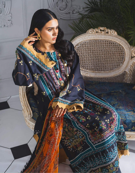 Formal Dress - Denim Space (ML-201) - Maryum N Maria | Lawn | A female model wearing a stunning and beautiful Lawn Formal Dress and posing for the Photoshoot of Maryum N Maria Lawn Collection