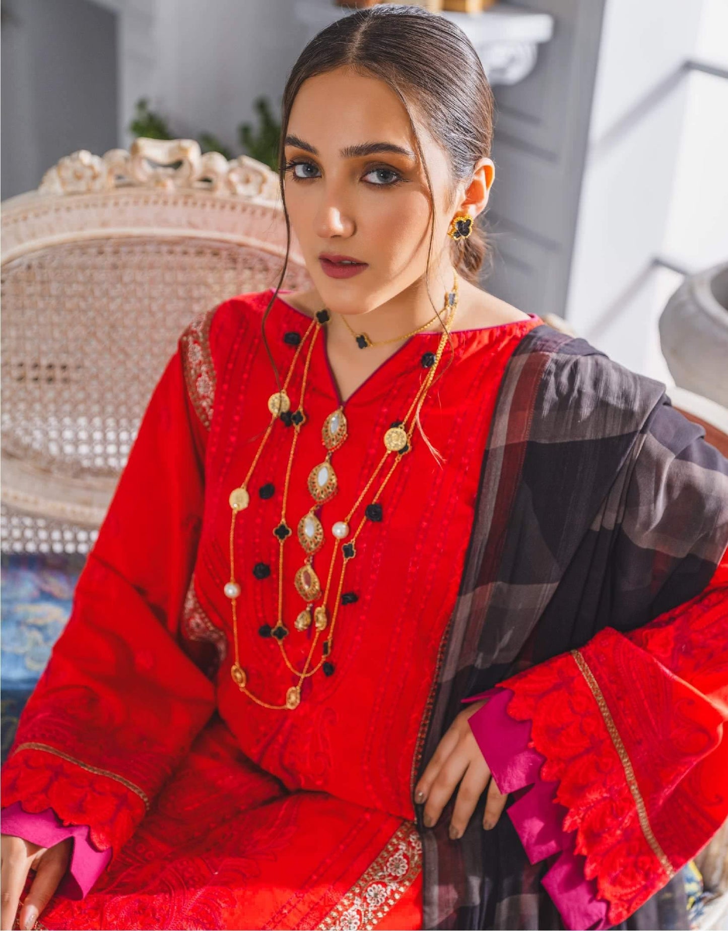 Formal Dress - Mileficit (ML-210)- Maryum N Maria | Lawn | A female model wearing a stunning and beautiful Lawn Formal Dress and posing for the Photoshoot of Maryum N Maria Lawn Collection