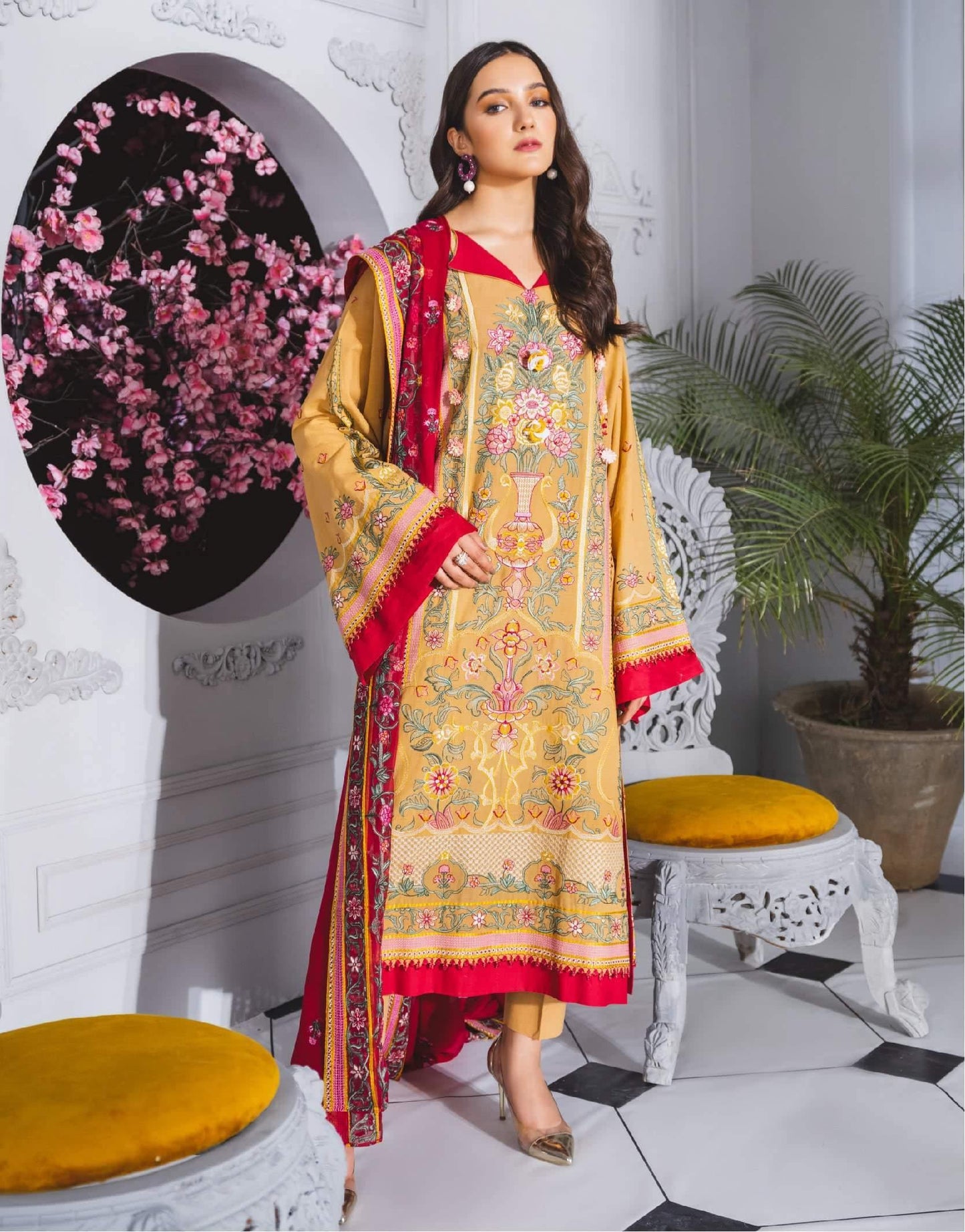 Formal Dress - Age of Stone (ML-206) - Maryum N Maria | Lawn | A female model wearing a stunning and beautiful Lawn Formal Dress and posing for the Photoshoot of Maryum N Maria Lawn Collection