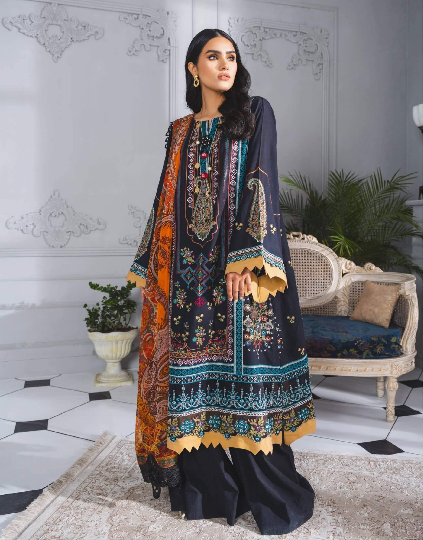 Formal Dress - Denim Space (ML-201) - Maryum N Maria | Lawn | A female model wearing a stunning and beautiful Lawn Formal Dress and posing for the Photoshoot of Maryum N Maria Lawn Collection