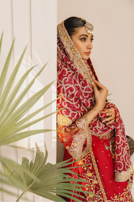 Formal Lehenga - Red & Red (MX-10) - Mashq Premium | A female model wearing a stunning and beautiful Formal Lehenga and posing for the Photoshoot of Mashq’s Formal Wear Collection
