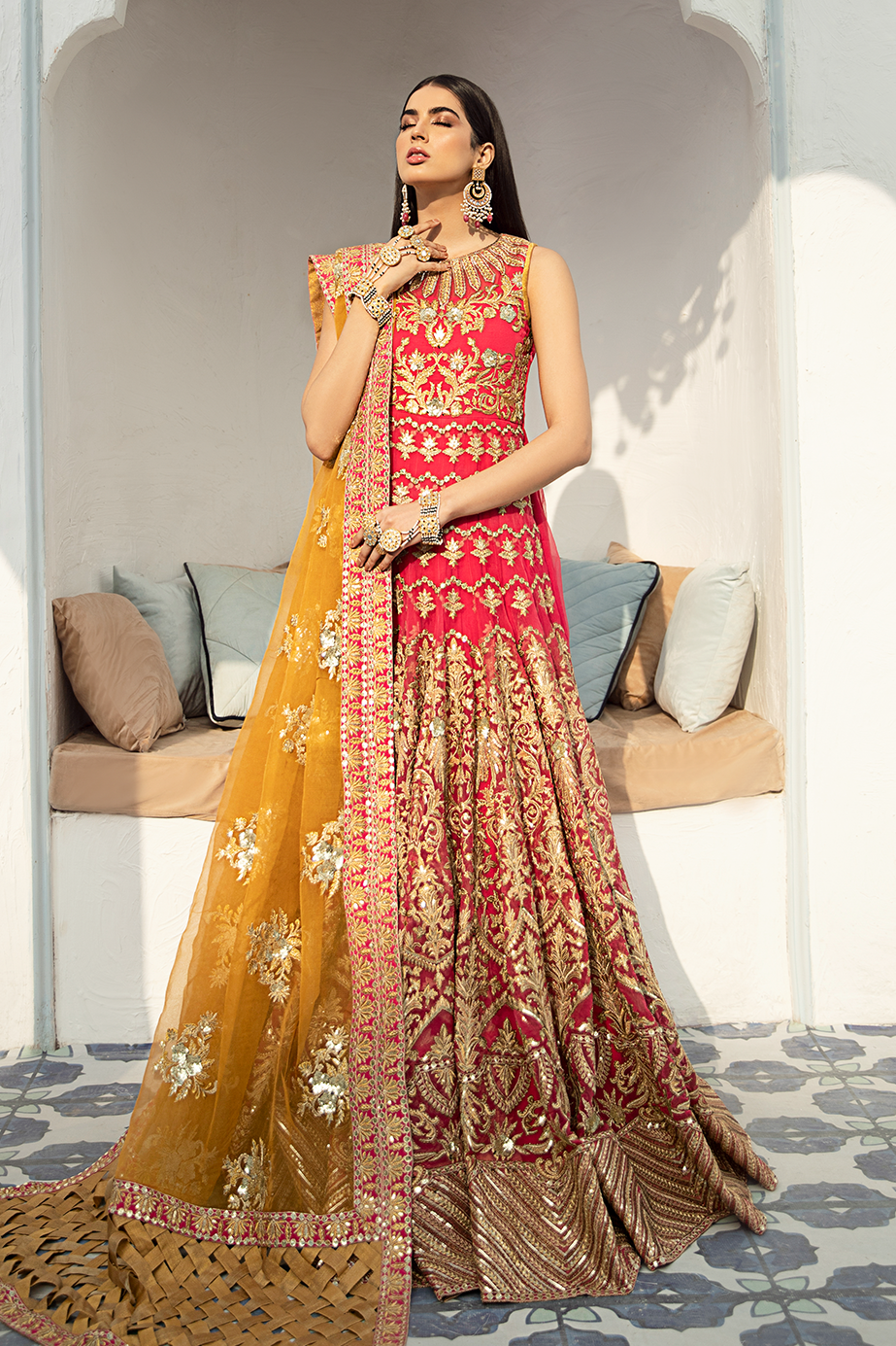 Glowing Memories ( SG-02 ) - Maryum N Maria  | A female model wearing a stunning and beautiful Bridal Dress and posing for the Photoshoot of Maryum N Maria Bridal Dresses Collection