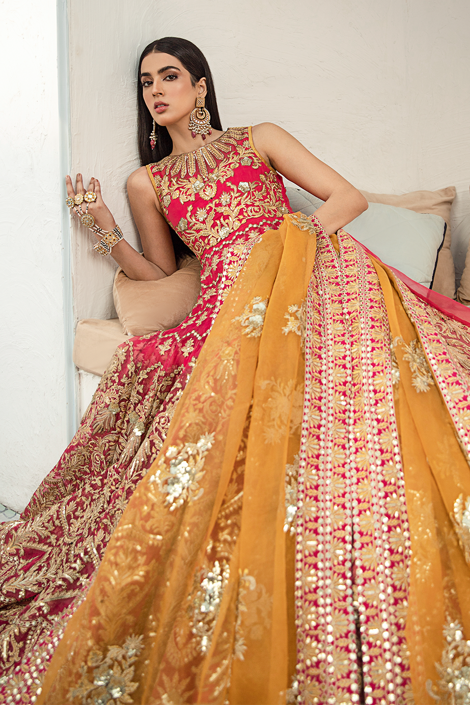 Glowing Memories ( SG-02 ) - Maryum N Maria  | A female model wearing a stunning and beautiful Bridal Dress and posing for the Photoshoot of Maryum N Maria Bridal Dresses Collection