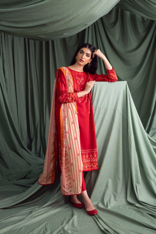 3PC Unstitched | Printed Linen Suit | Jacquard Dupatta