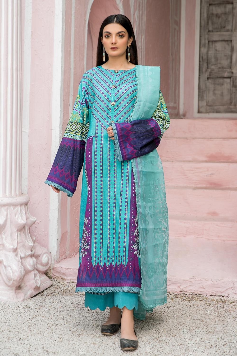 3 PC Unstitched  | Digital Printed Shirt + Burnout Dupatta + Dyed Cambric Trouser