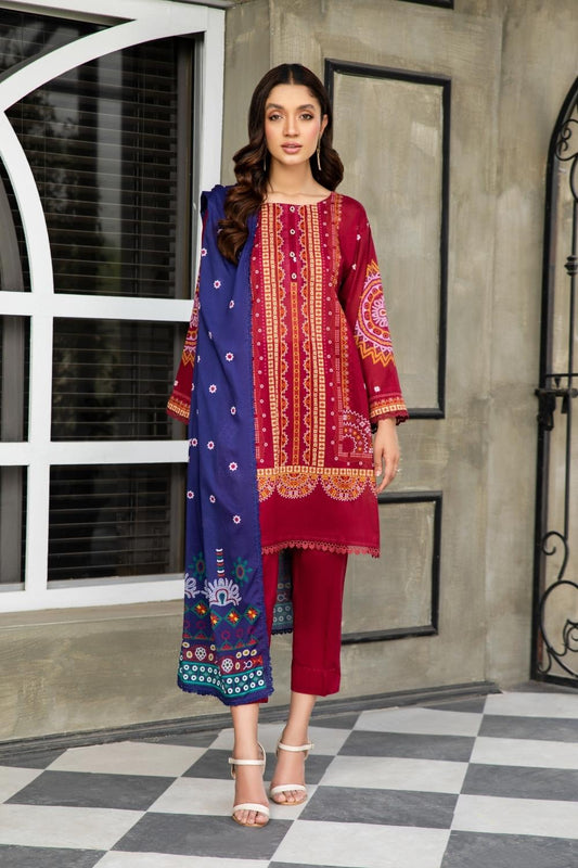 3 PC Unstitched  |  Printed Lawn Shirt +  Printed  Lawn Dupatta + Dyed Cambric Trouser
