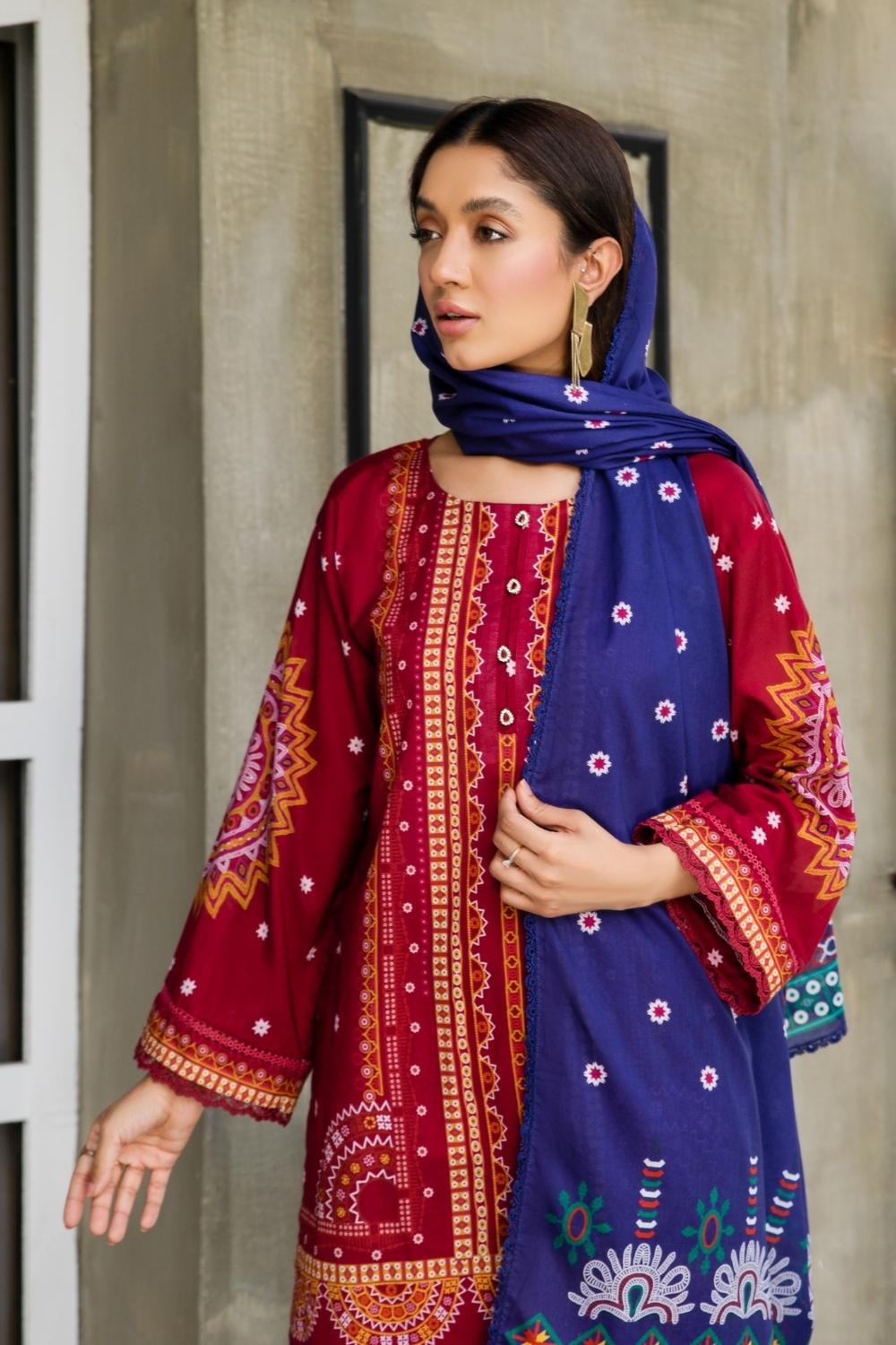 3 PC Unstitched  |  Printed Lawn Shirt +  Printed  Lawn Dupatta + Dyed Cambric Trouser