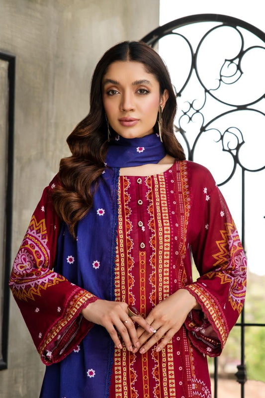 3 PC Unstitched  |  Printed Lawn Shirt +  Printed  Lawn Dupatta + Dyed Cambric Trouser