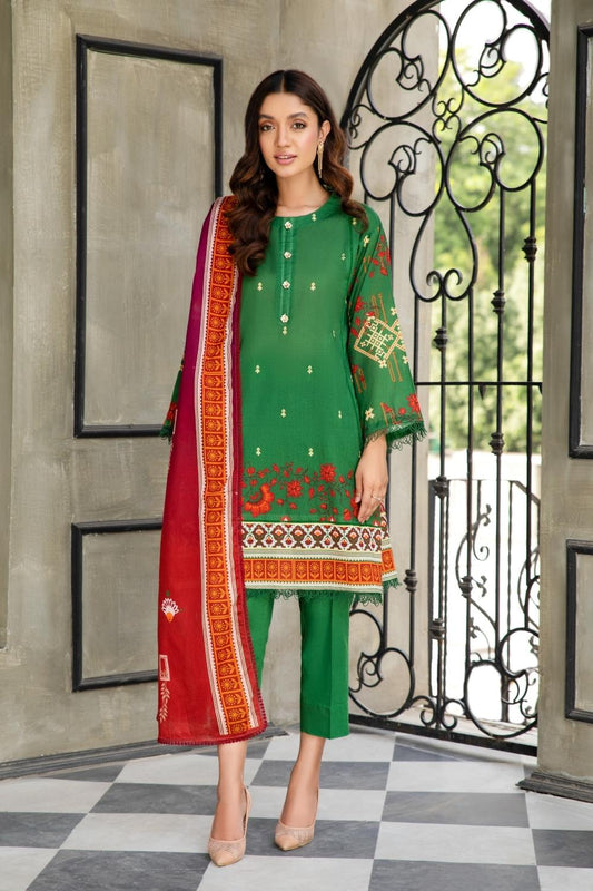 3 PC Unstitched  | Printed Lawn Shirt + Printed Cotton Net Dupatta + Dyed Cambric Trouser