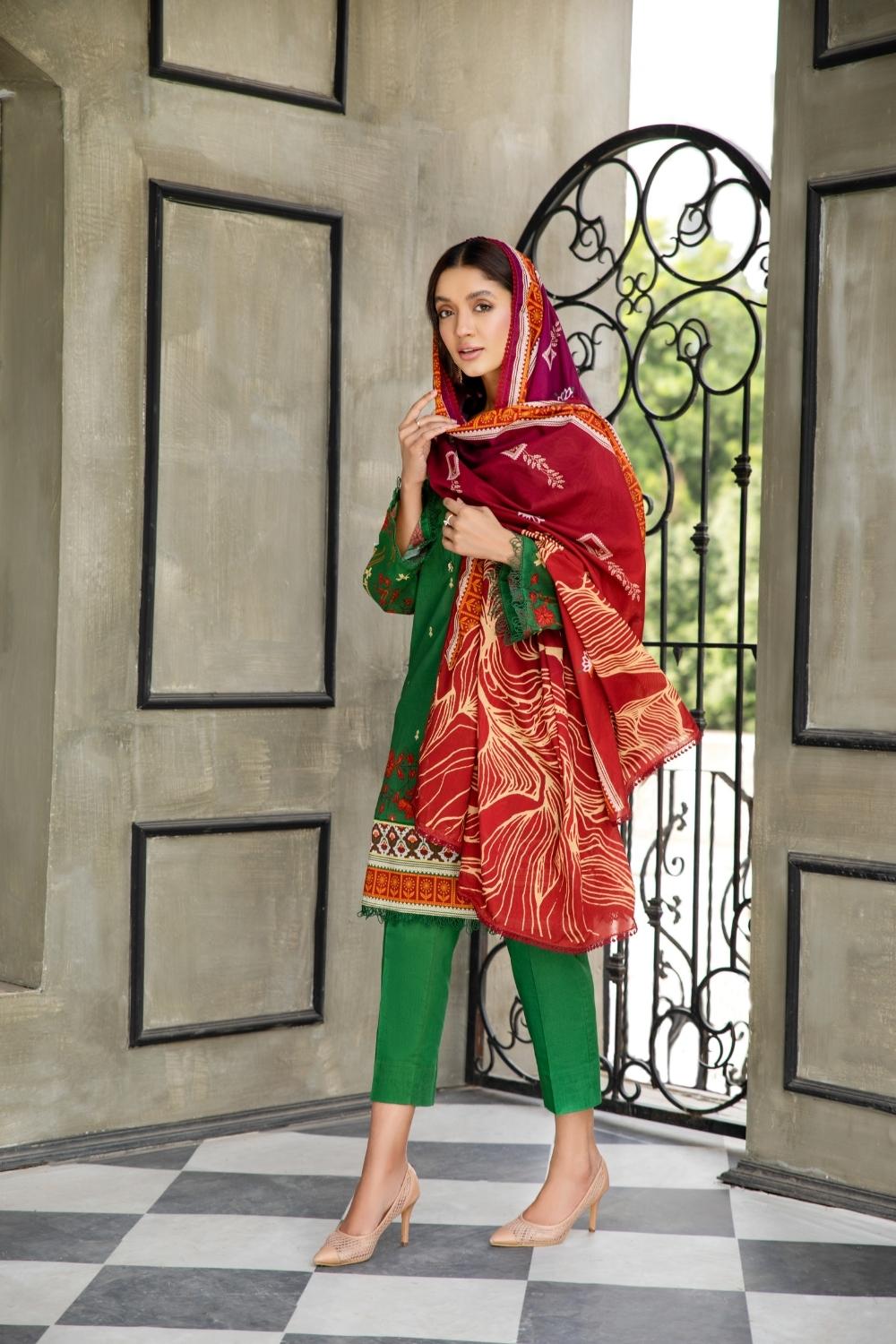 3 PC Unstitched  | Printed Lawn Shirt + Printed Cotton Net Dupatta + Dyed Cambric Trouser