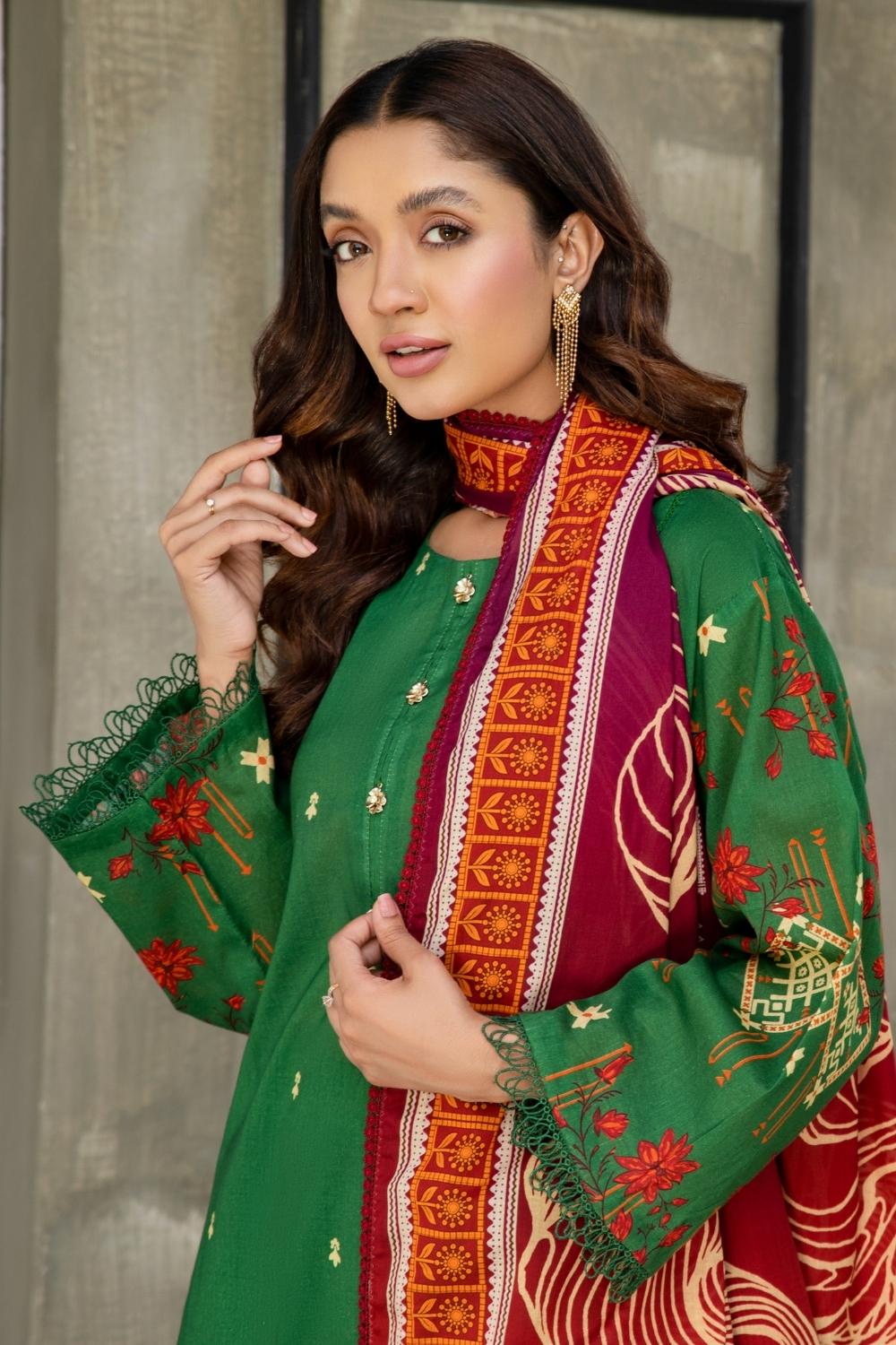 3 PC Unstitched  | Printed Lawn Shirt + Printed Cotton Net Dupatta + Dyed Cambric Trouser