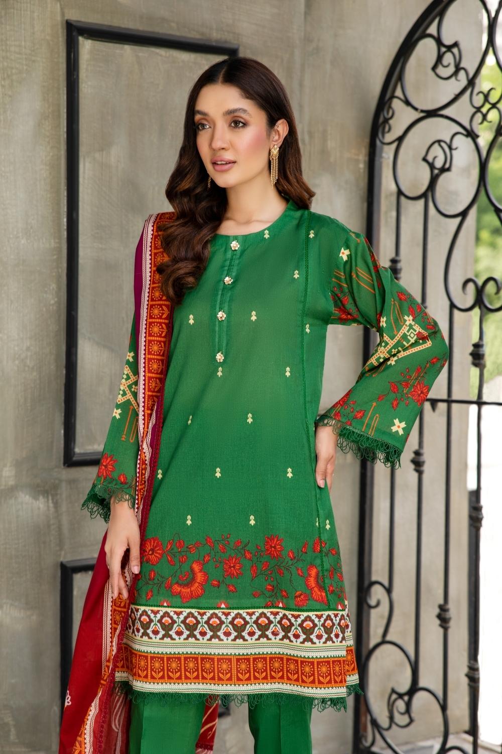 3 PC Unstitched  | Printed Lawn Shirt + Printed Cotton Net Dupatta + Dyed Cambric Trouser