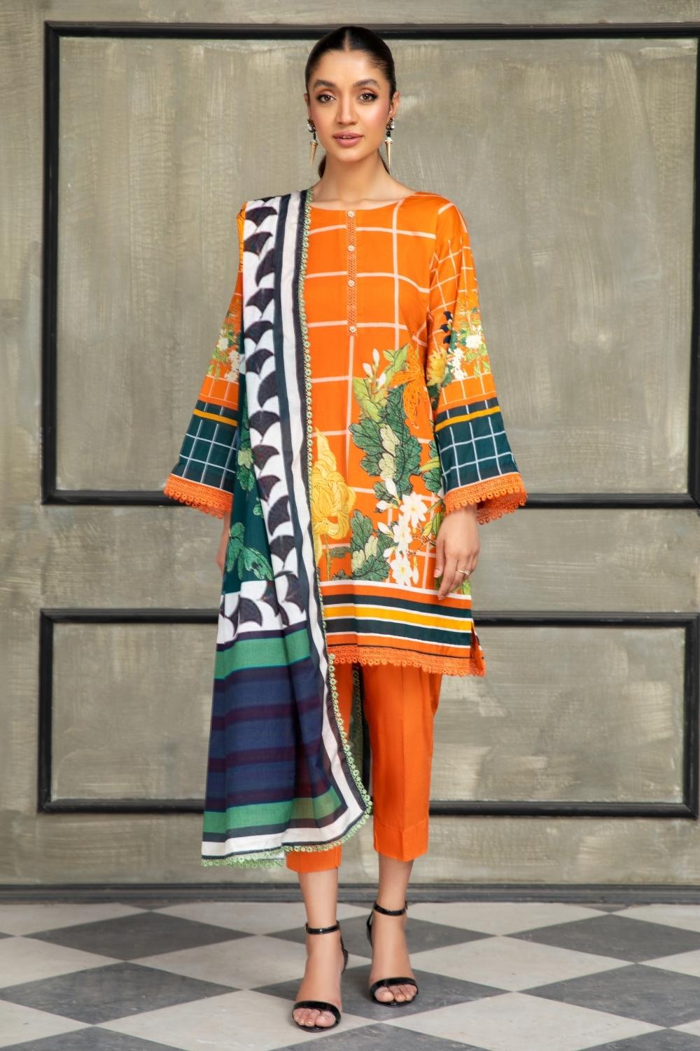 3 PC Unstitched  | Printed Lawn Shirt + Printed Cotton Net Dupatta + Dyed Cambric Trouser