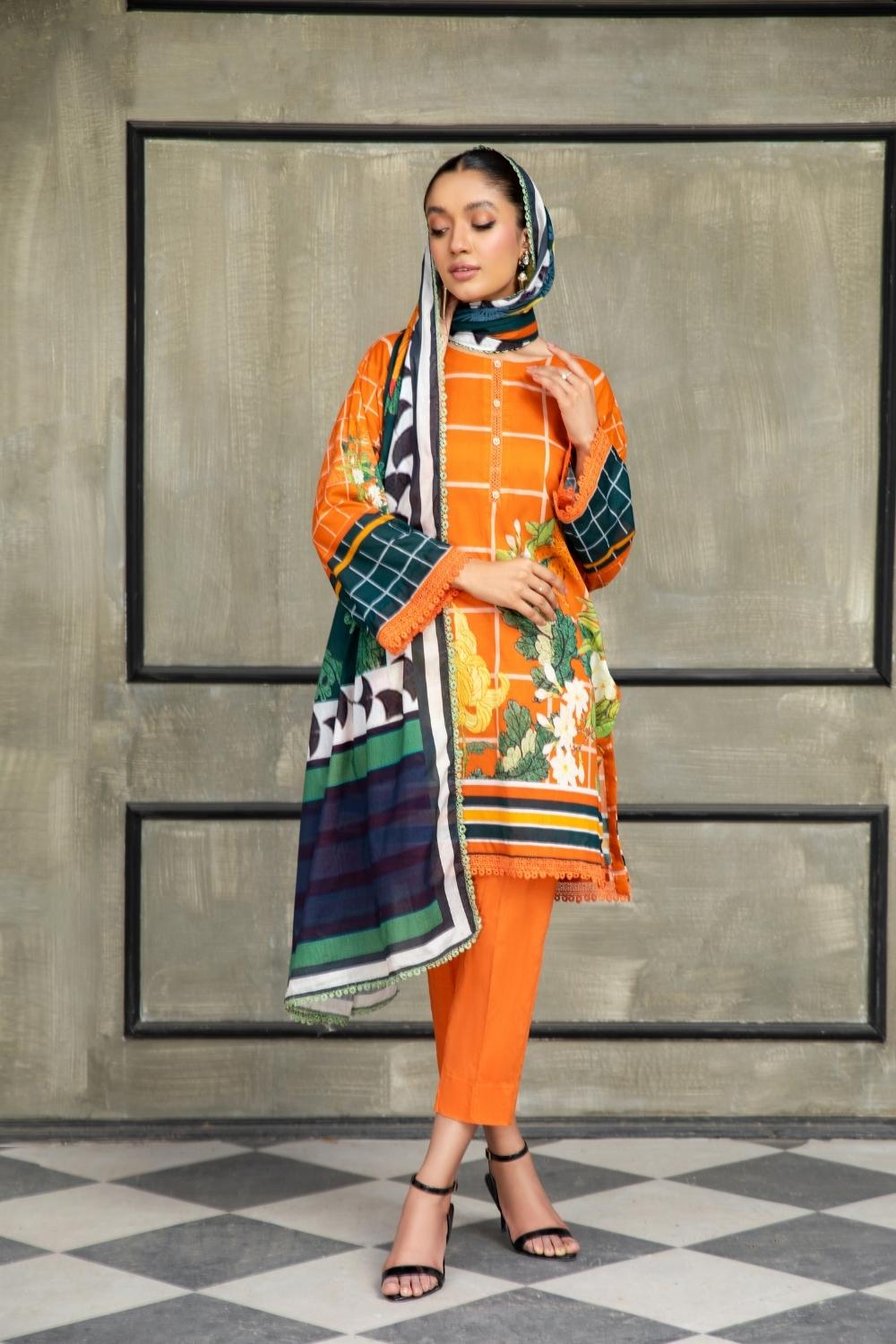 3 PC Unstitched  | Printed Lawn Shirt + Printed Cotton Net Dupatta + Dyed Cambric Trouser