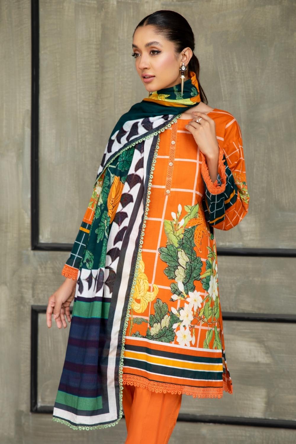 3 PC Unstitched  | Printed Lawn Shirt + Printed Cotton Net Dupatta + Dyed Cambric Trouser