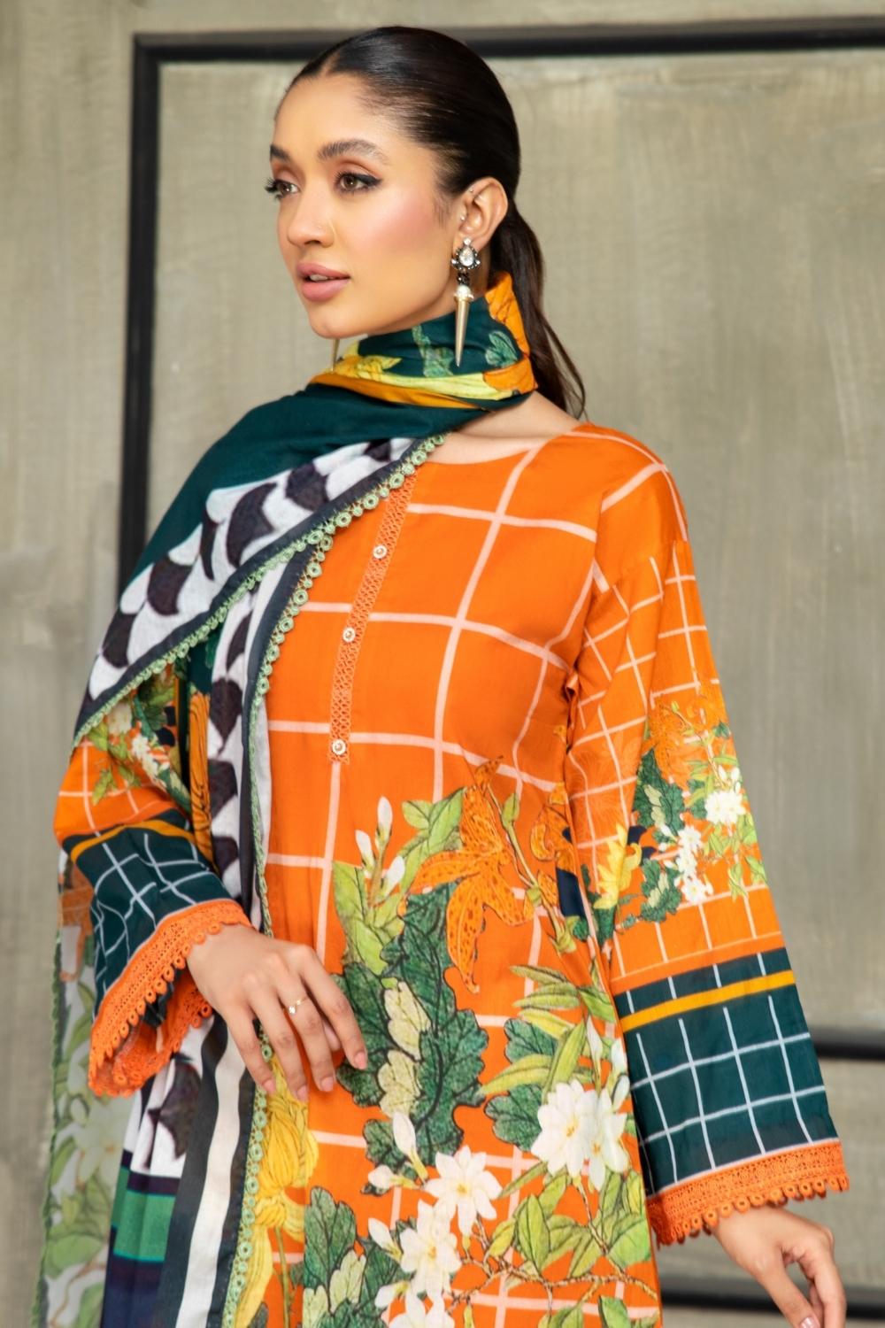 3 PC Unstitched  | Printed Lawn Shirt + Printed Cotton Net Dupatta + Dyed Cambric Trouser