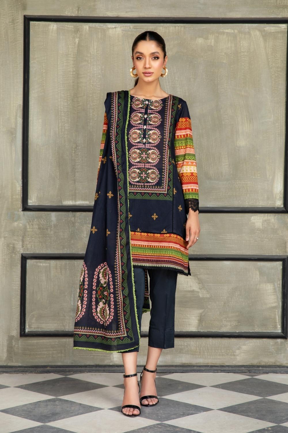 3 PC Unstitched  | Printed  Lawn Shirt + Printed Cotton Net Dupatta + Dyed Cambric Trouser