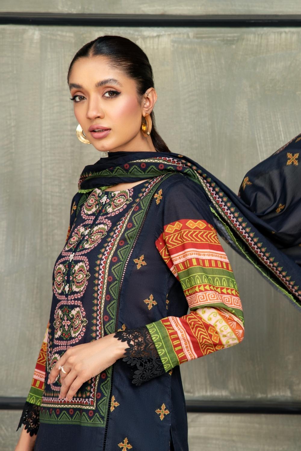 3 PC Unstitched  | Printed  Lawn Shirt + Printed Cotton Net Dupatta + Dyed Cambric Trouser