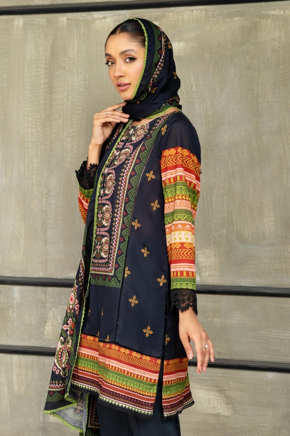 3 PC Unstitched  | Printed  Lawn Shirt + Printed Cotton Net Dupatta + Dyed Cambric Trouser