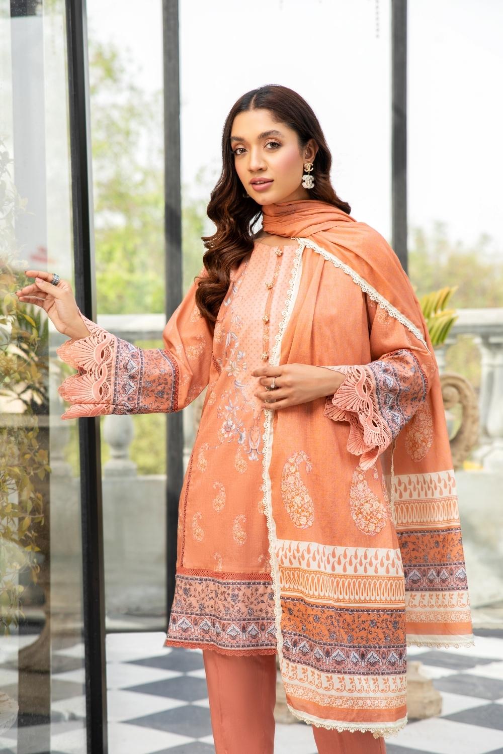 3 PC Unstitched  | Printed Lawn Shirt +  Printed Lawn Dupatta + Dyed Cambric Trouser