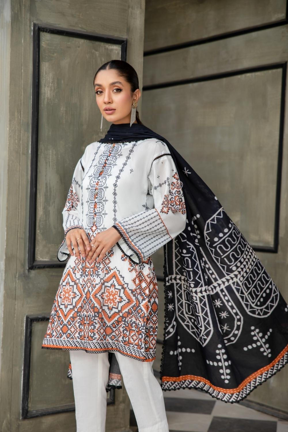 3 PC Unstitched  | Printed  Lawn Shirt + Printed Cotton Net Dupatta + Dyed Cambric Trouser