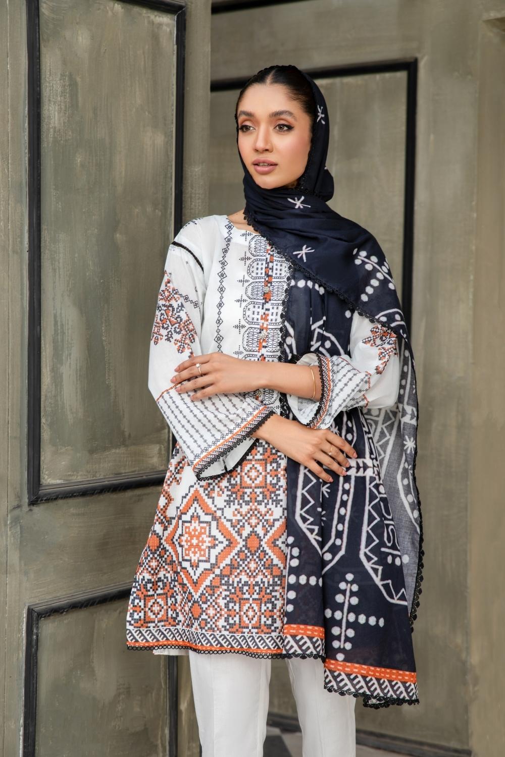 3 PC Unstitched  | Printed  Lawn Shirt + Printed Cotton Net Dupatta + Dyed Cambric Trouser