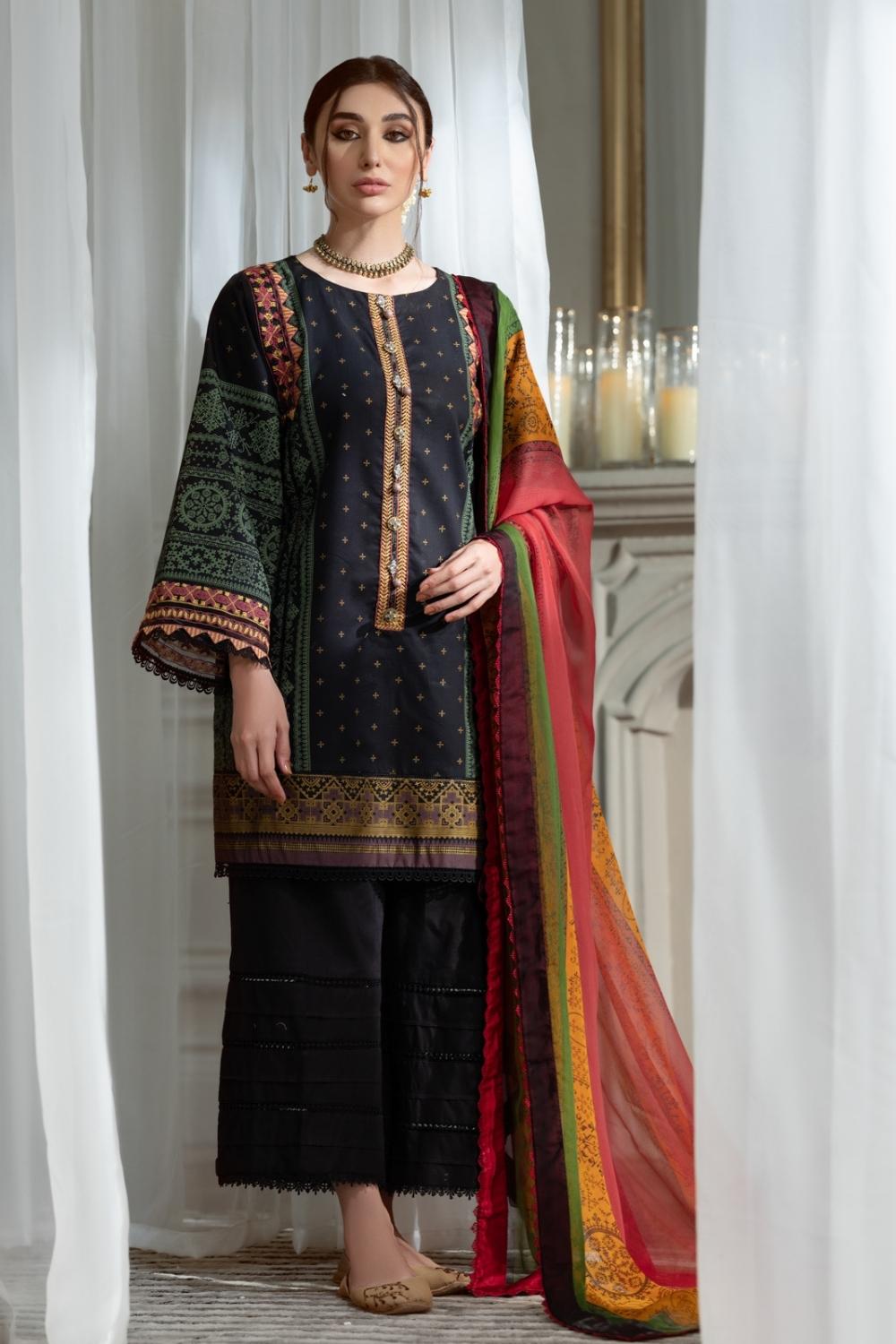 3PC Unstitched Printed+Embroidered Lawn Shirt | Chiffon Printed Dupatta | Cambric Dyed Trouser