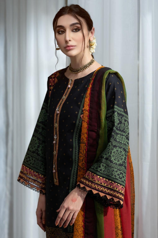 3PC Unstitched Printed+Embroidered Lawn Shirt | Chiffon Printed Dupatta | Cambric Dyed Trouser