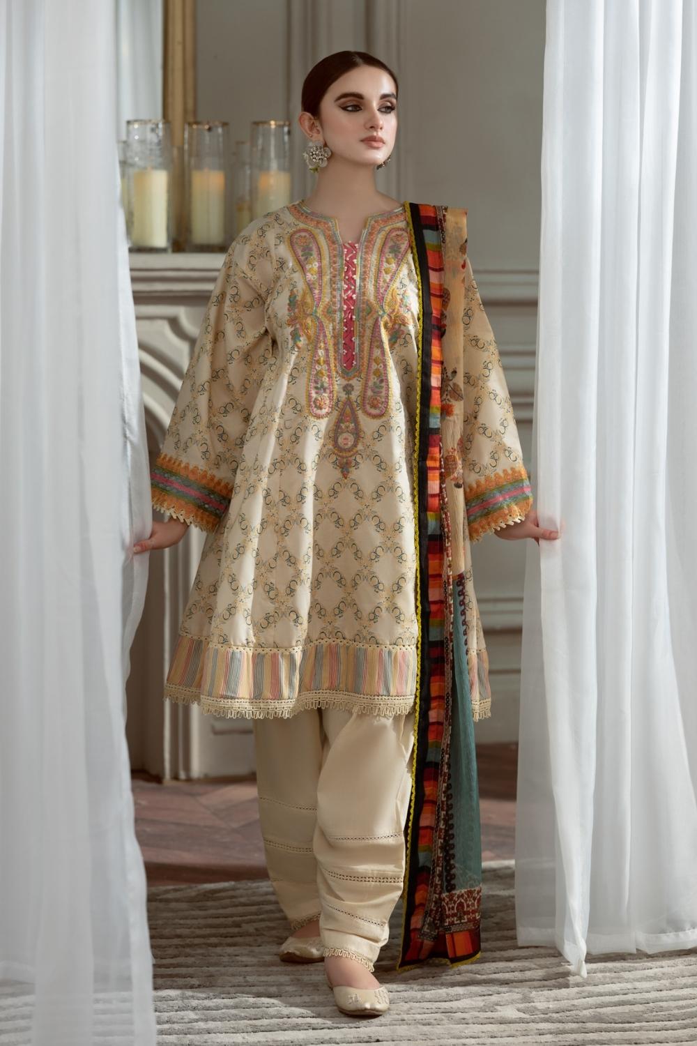 3PC Unstitched Printed+Embroidered Lawn Shirt | Chiffon Printed Dupatta | Cambric Dyed Trouser