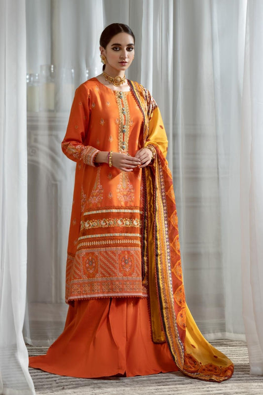 3PC Unstitched Printed+Embroidered Lawn Shirt | Silk Printed Dupatta | Cambric Dyed Trouser