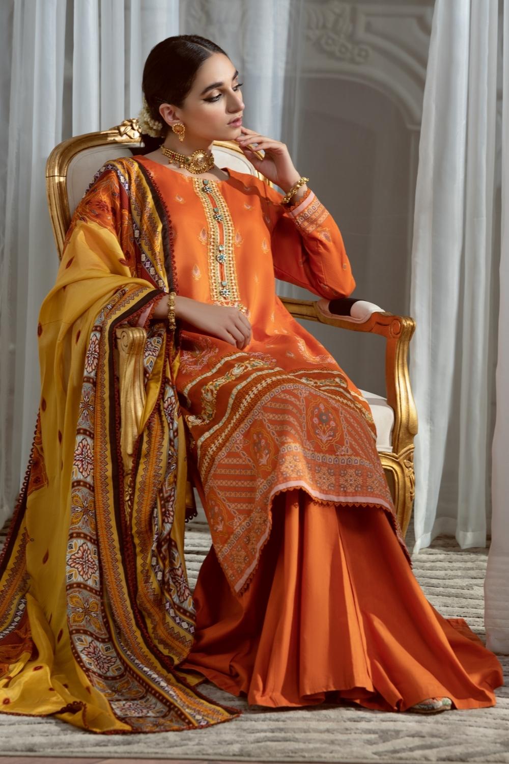 3PC Unstitched Printed+Embroidered Lawn Shirt | Silk Printed Dupatta | Cambric Dyed Trouser