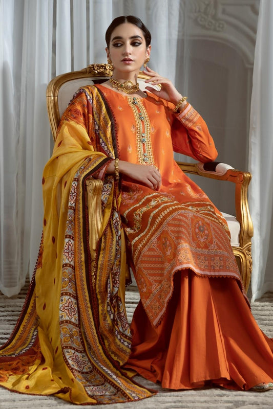 3PC Unstitched Printed+Embroidered Lawn Shirt | Silk Printed Dupatta | Cambric Dyed Trouser