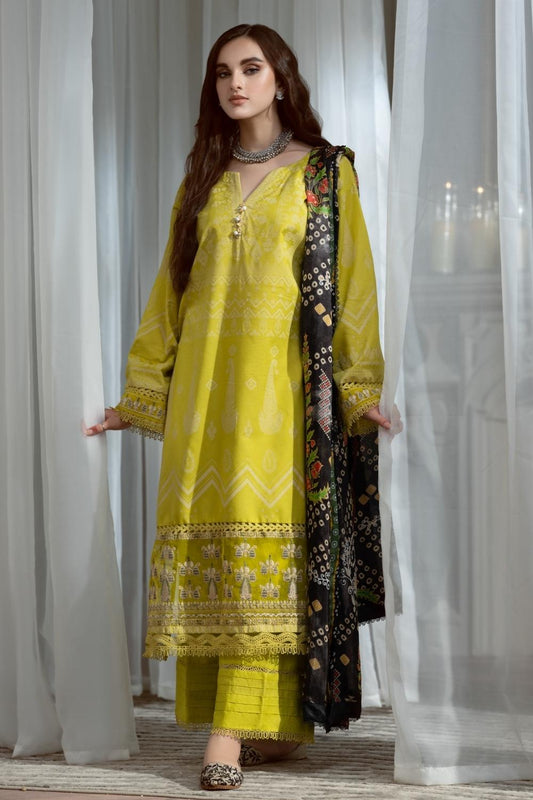 3PC Unstitched Printed+Embroidered Lawn Shirt | Silk Printed Dupatta | Cambric Dyed Trouser